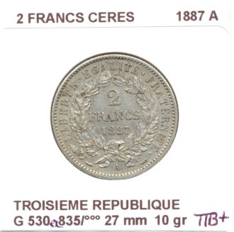 2 FRANCS CERES 1887 A TTB+