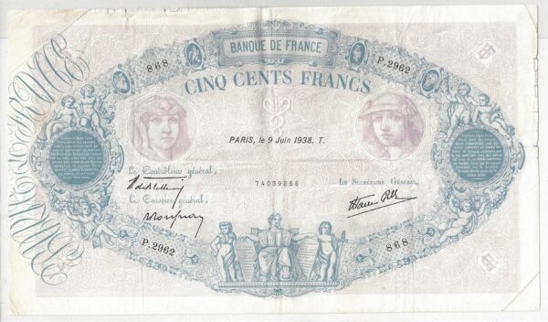 FRANCE 500 FRANCS BLEU ET ROSE 09/06/1938 TB+ P.2962