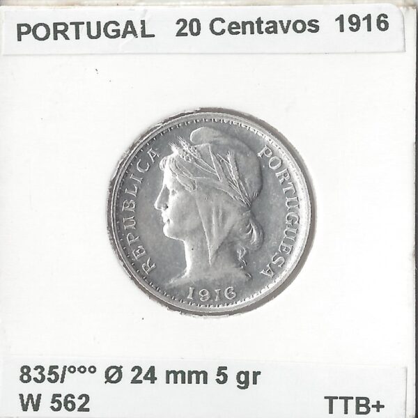 PORTUGAL 20 CENTAVOS 1916 TTB+
