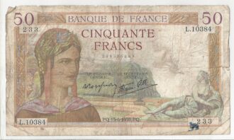FRANCE 50 FRANCS CERES 15/06/1936 TB+ K.10384
