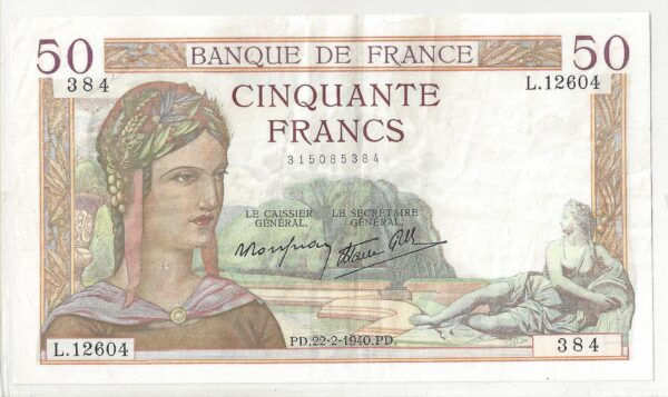 FRANCE 50 FRANCS CERES 22/02/1940 TTB+ L.12604