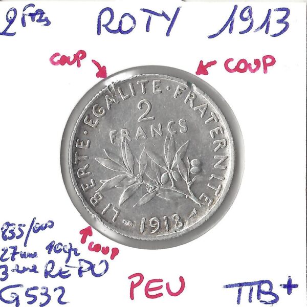 2 FRANCS ROTY 1913 TTB+ PEU coup