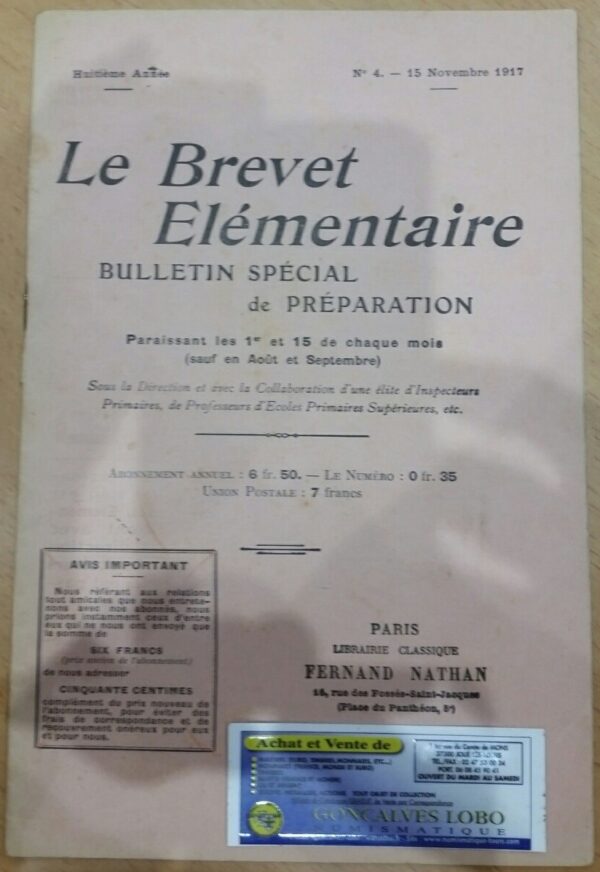 LE BREVET ELEMENTAIRE 15 NOVEMBRE 1917