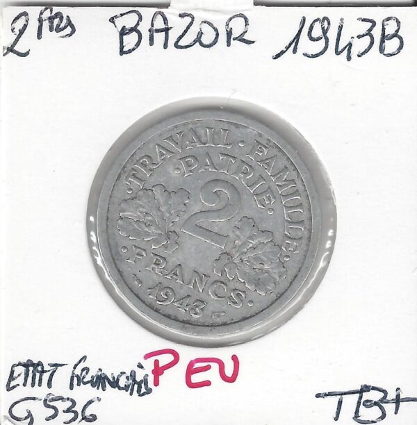 2 FRANCS BAZOR 1943 B Etat TB+