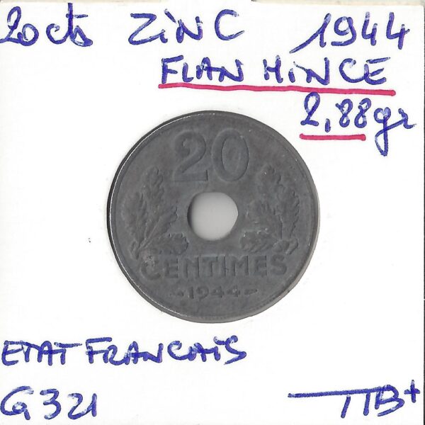 20 CENTIMES ZINC 1944 FLAN MINCE PEU TTB+