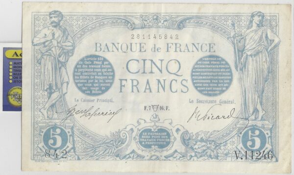 FRANCE 5 FRANCS BLEU 07/04/1916 V.11246 TTB+