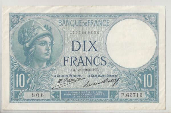 FRANCE 10 FRANCS SERIE P 66716 MINERVE 07 07 1932 TTB+
