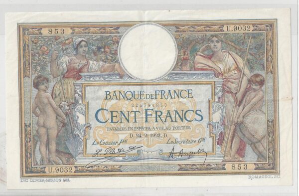 FRANCE 100 FRANCS SERIE U 9032 MERSON 24 02 1923 TTB+