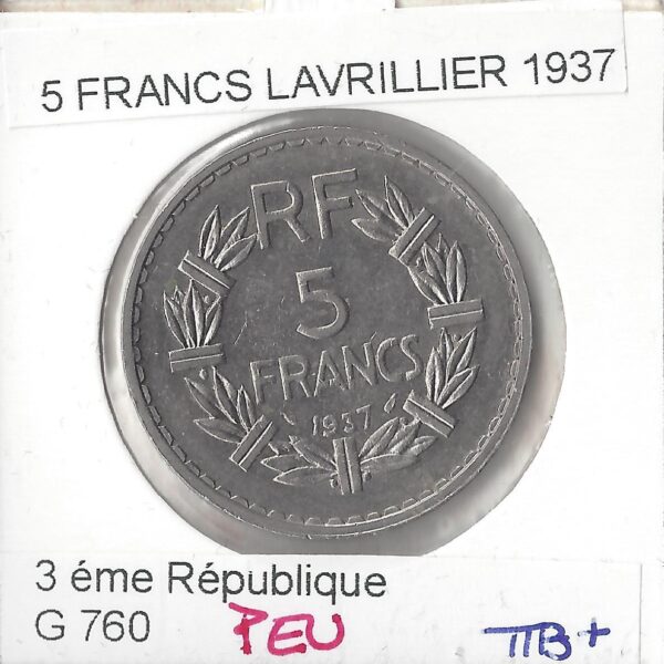 5 FRANCS LAVRILLIER 1937 TTB+ PEU