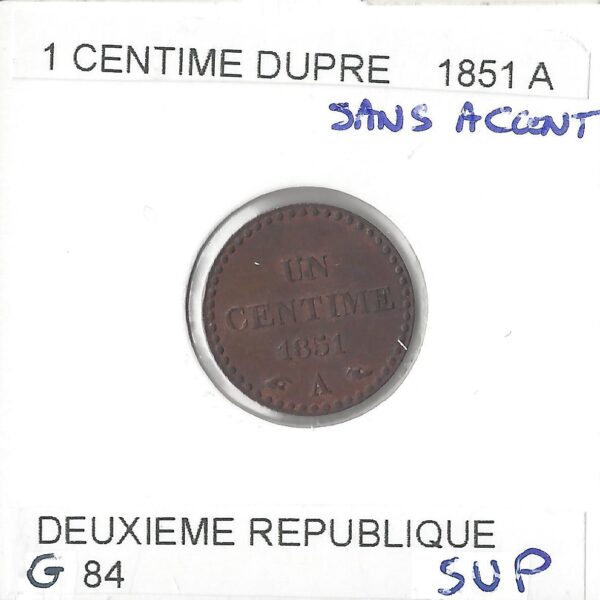 1 CENTIME DUPRE 1851 A SUP
