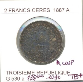 FRANCE 2 FRANCS CERES 1887 A état TB+ Coup