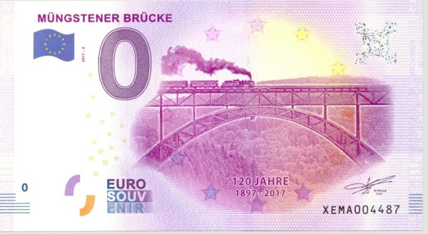 ALLEMAGNE MUNGSTENER BRUCKE BILLET SOUVENIR 0 EURO TOURISTIQUE 2017-2 NEUF