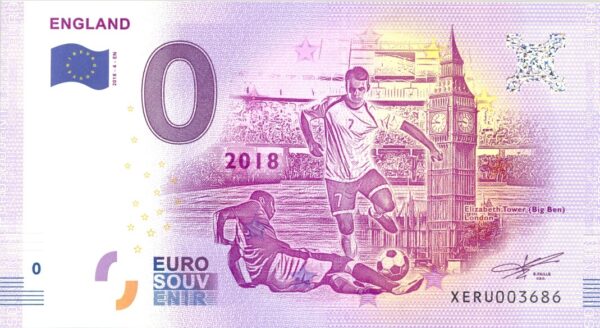 ANGLETERRE 2018-4 EURO FOOTBALL 2018 BILLET SOUVENIR 0 EURO TOURISTIQUE NEUF