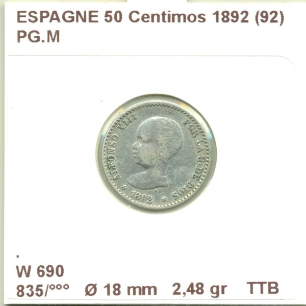 ESPAGNE 50 CENTIMOS 1892 (92) PG.M TTB