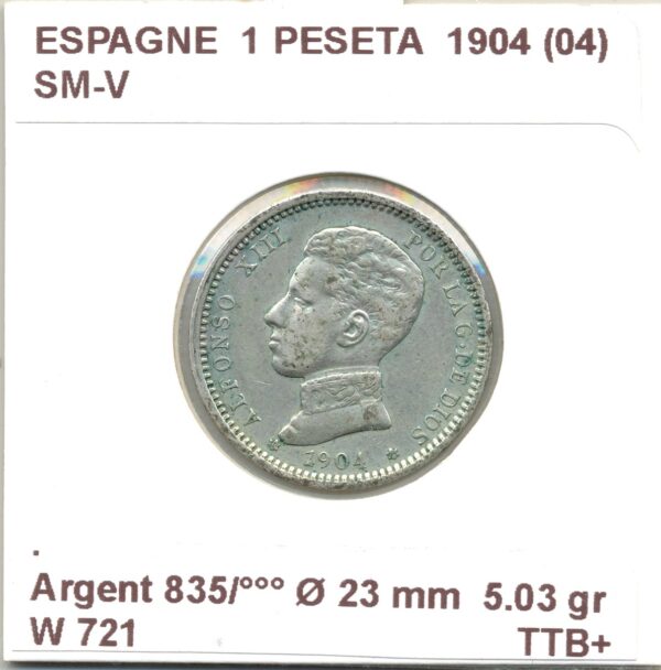Espagne ( SPAIN ) 1 PESETA 1904 (04) SM-V TTB+