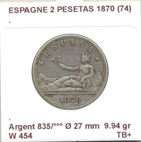 Espagne ( SPAIN ) 2 PESETAS 1870 (74) TB+