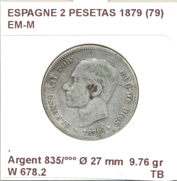 Espagne ( SPAIN ) 2 PESETAS 1879 (79 ) EM-M TB
