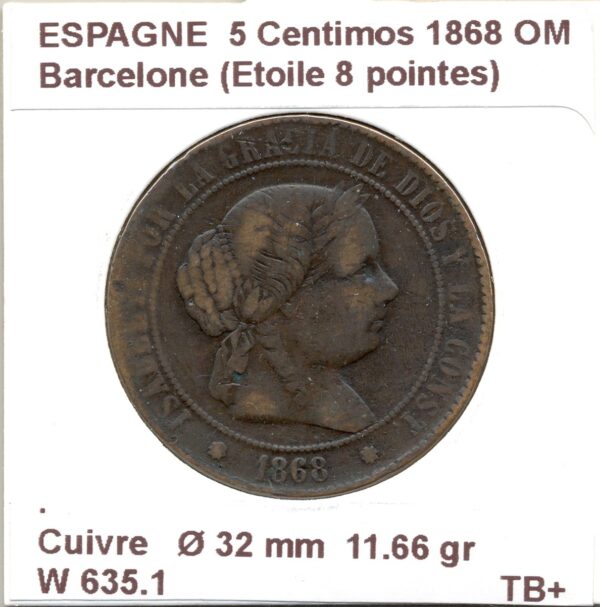Espagne ( SPAIN ) 5 CENTIMOS 1868 OM BARCELONE TB+