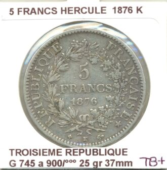 5 FRANCS DUPRE 1876 K TB+