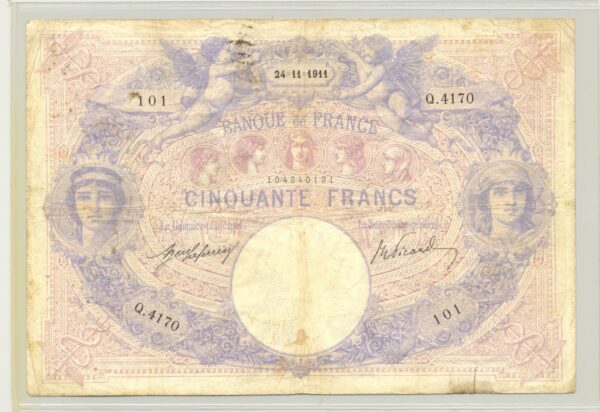 FRANCE 50 FRANCS SERIE Q.4170 BLEU ET ROSE 24 11 1911 TB