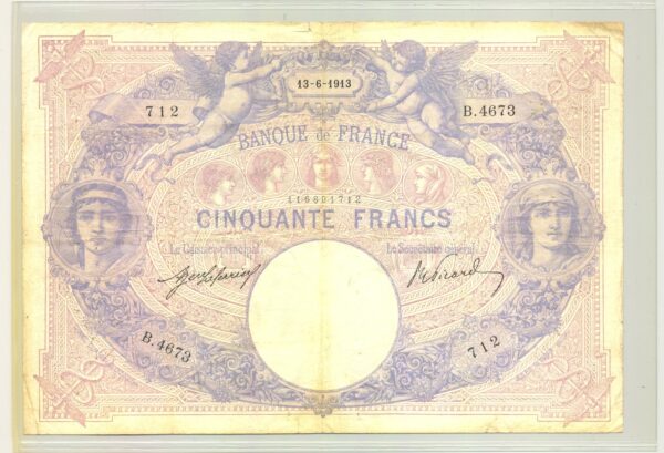 FRANCE 50 FRANCS SERIE B.4673 BLEU ET ROSE 13 06 1913 TB+