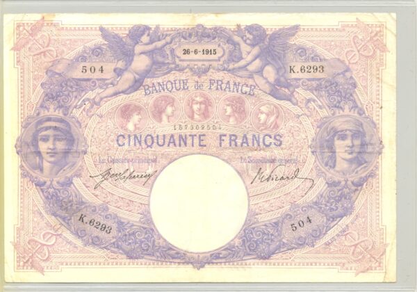 FRANCE 50 FRANCS SERIE K.6293 BLEU ET ROSE 26 06 1915 TTB