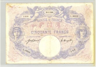 FRANCE 50 FRANCS SERIE L.8928 BLEU ET ROSE 23 03 1921 TB