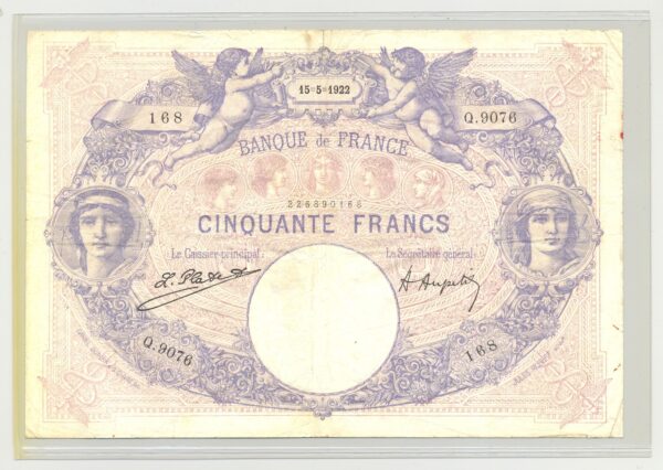 FRANCE 50 FRANCS SERIE Q.9076 BLEU ET ROSE 15 05 1922 TB+
