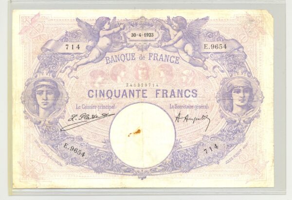 FRANCE 50 FRANCS SERIE E.9654 BLEU ET ROSE 30 04 1923 TB+