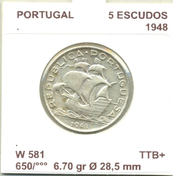 PORTUGAL 5 ESCUDOS 1948 TTB+