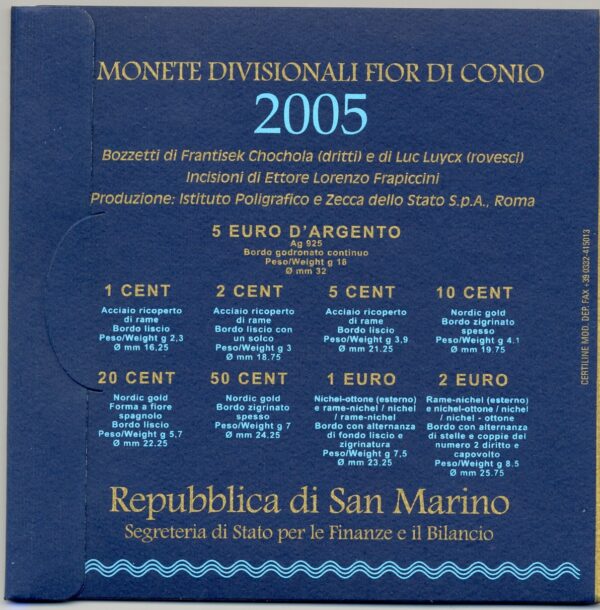 SAINT MARIN 2005 SERIE 8 MONNAIES + 5 EURO ARGENT B.U