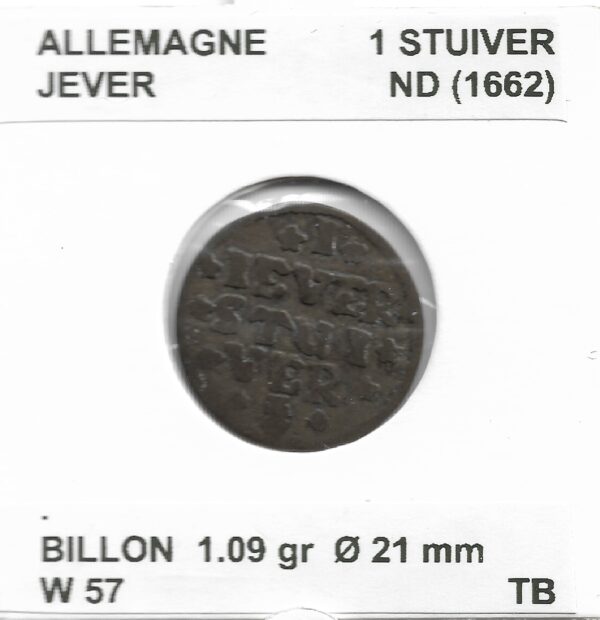 Allemagne 1 STUIVER - JEVER - ND (1662) TB