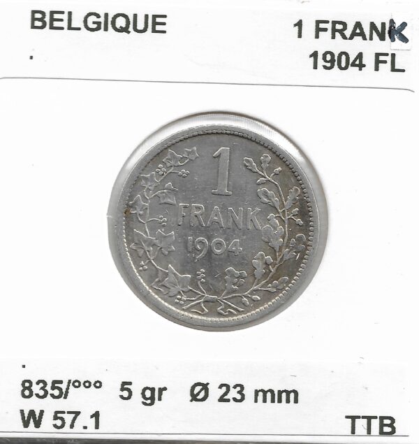 Belgique 1 FRANK 1904 FL TTB