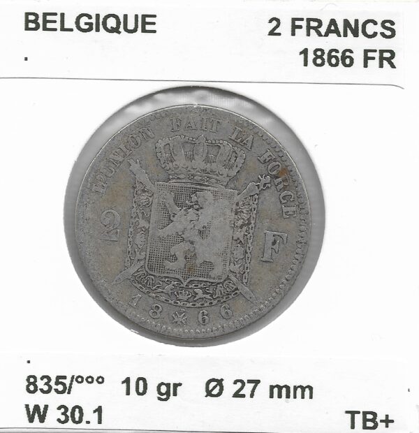 Belgique 2 FRANCS 1866 FR TB+