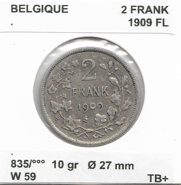 Belgique 2 FRANK 1909 FL TB+