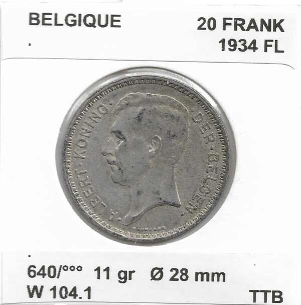 Belgique 20 FRANK 1934 FL TTB