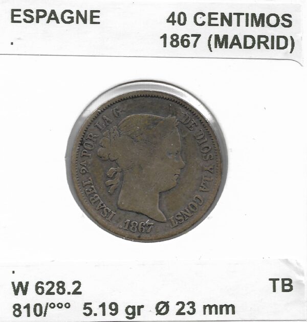 ESPAGNE 40 CENTIMOS 1867 (MADRID) TB