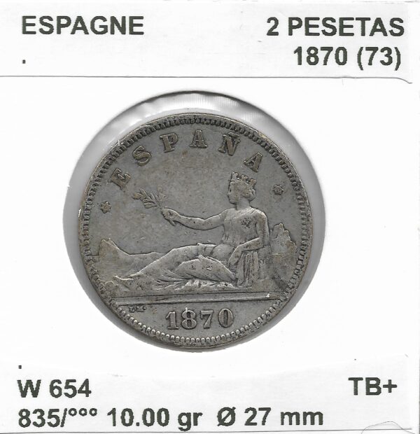ESPAGNE 2 PESETAS 1870 (73) TB+