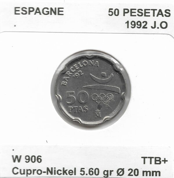ESPAGNE 50 PESETAS JO 1992 TTB+
