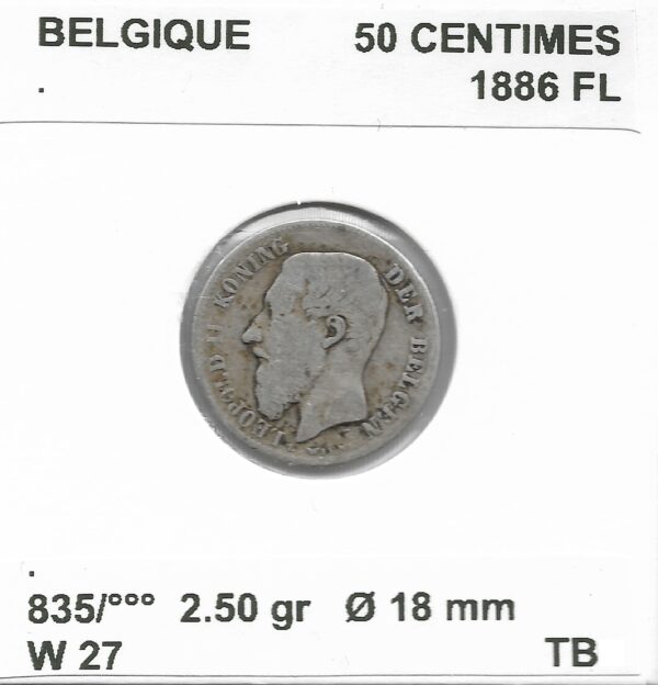 Belgique 50 CENTIMES 1886 FL TB
