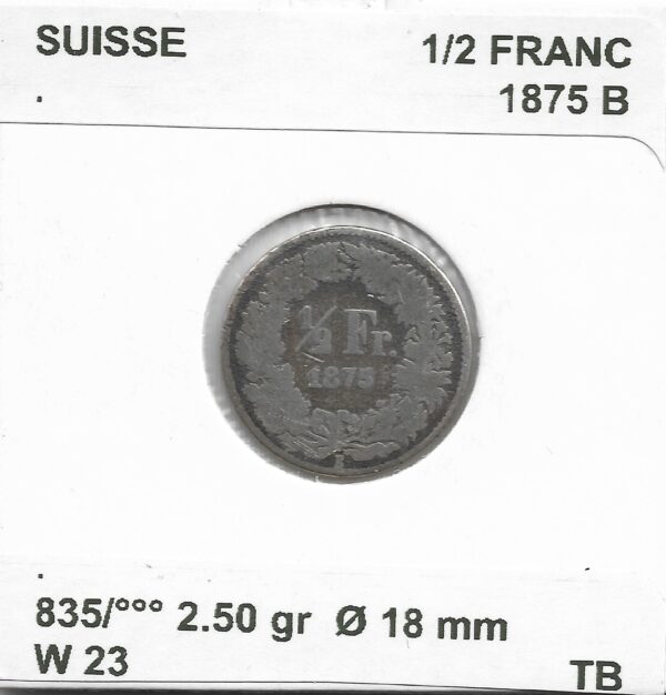 SUISSE 1/2 FRANC 1875 B TB