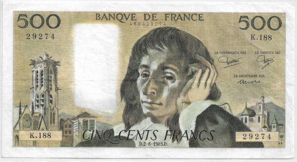 FRANCE 500 FRANCS PASCAL 2 6 1983 K.188 TTB+