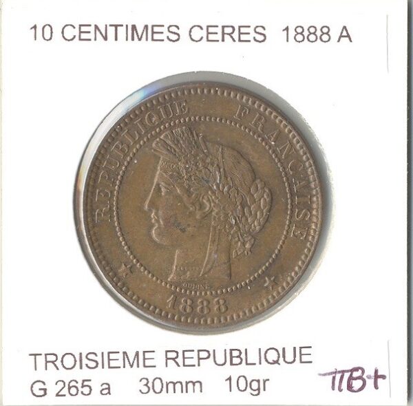 FRANCE 10 CENTIMES CERES 1888 A TTB+