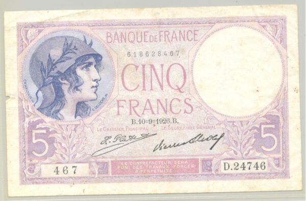 FRANCE 5 FRANCS D.24746 VIOLET 10 09 1926 TB+