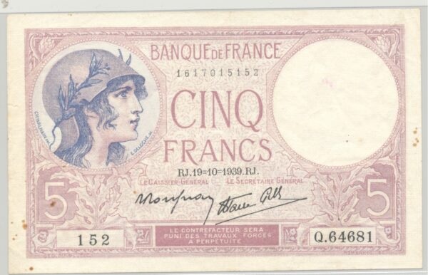 FRANCE 5 FRANCS Q.64681 VIOLET 19 10 1939 TTB
