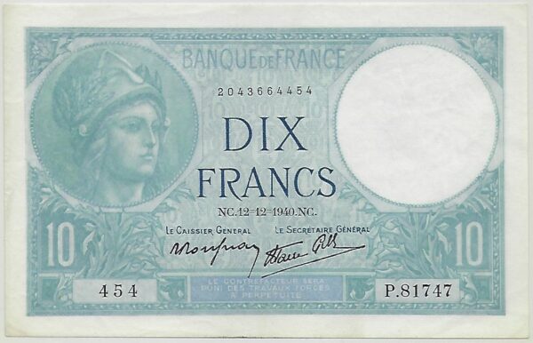 FRANCE 10 FRANCS MINERVE 12 12 1940 P.81747 SPL