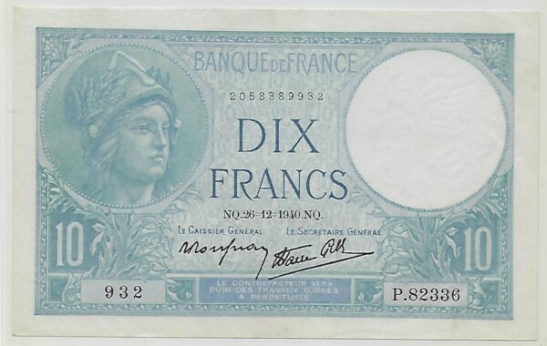 FRANCE 10 FRANCS MINERVE 26 12 1940 P.82336 SPL