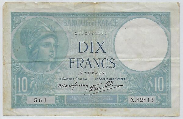 FRANCE 10 FRANCS MINERVE 02 01 1941 X.82813 TB+