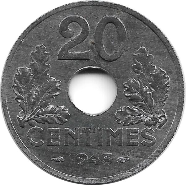 FRANCE 20 CENTIMES TYPE 20 1943 SUP+