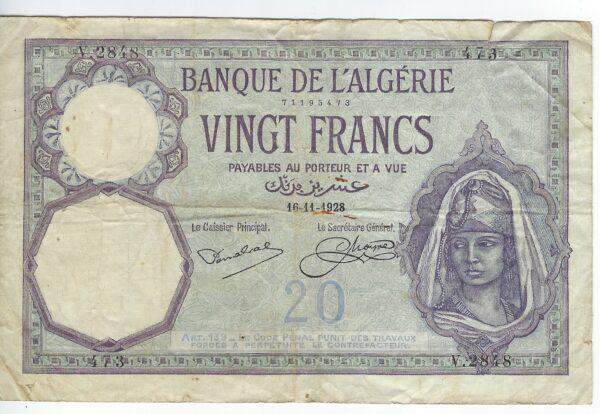 ALGERIE 20 FRANCS 16 11 1928 SERIE V.2848 TB+